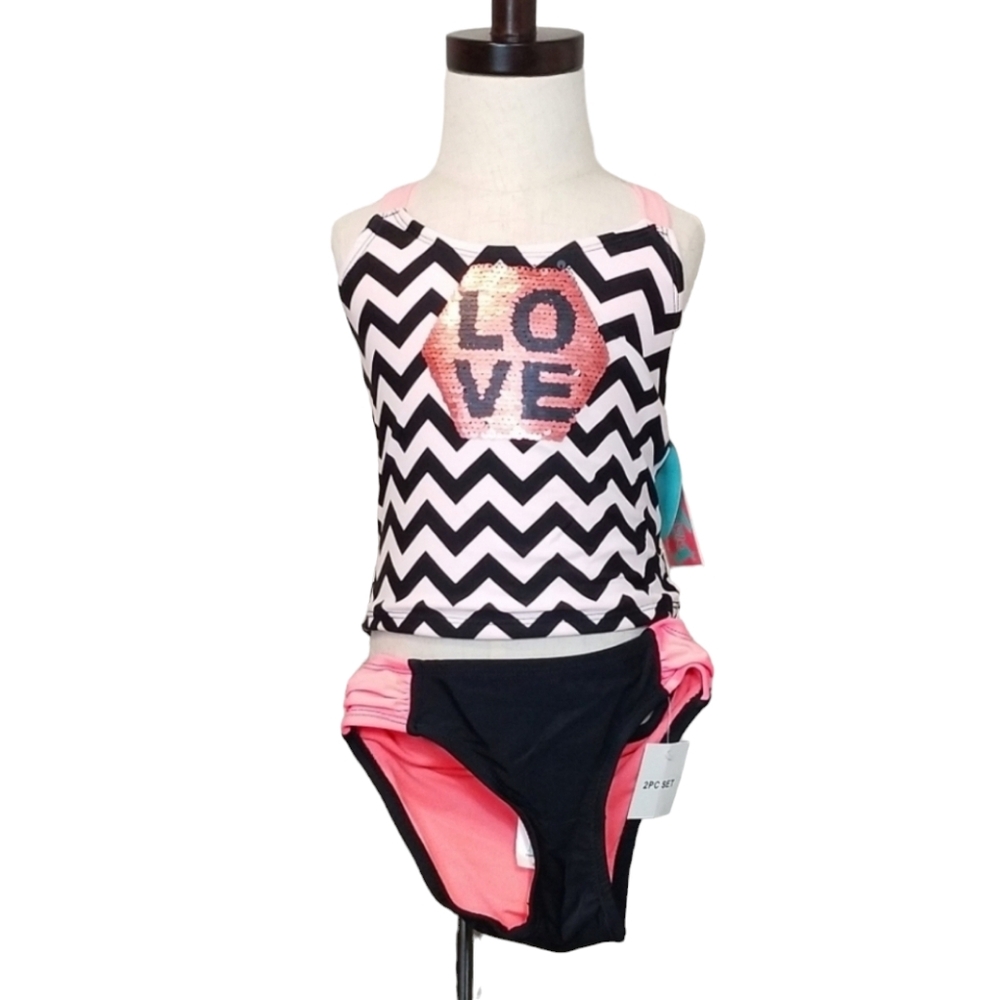 NEW Breaking Wave | Size 4 | Coral Black Chevron | Sequins Bikini Swimwear
